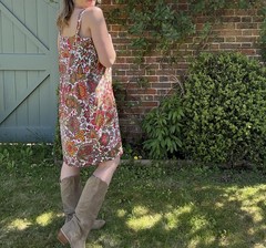 Vintage 1970s Size XL 14-16 Red Brown Boho Button Strappy Towelling Dress
