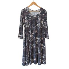 Garnet Hill Seamed Knit Trapeze Dress Small Floral Navy Blue Tencel Stretch Boho