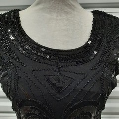 Vintage Black Beaded Fringe Dress Womens Small Whimsigoth Dark Romantic Gothic