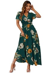 Simplee Women Casual Boho Floral Maxi Dress Emerald Green Wedding Guest small