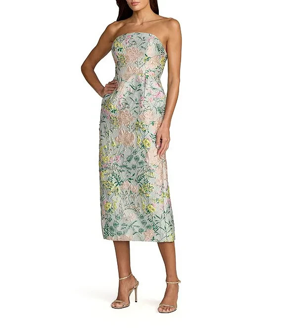 Mac Duggal Floral Brocade Strapless Side Seam Pockets Sheath Midi Dress
