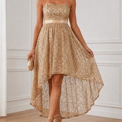 Jump Apparel Gold Sequin Lace Strapless Hi Low Dress Formal Evening Sz 13/14