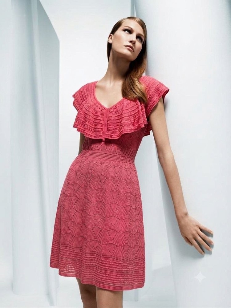 M Missoni Knit Dress Pink 42 S Cotton Blend Ruffle Open Work Crochet Valentino
