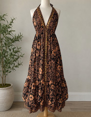 Women’s Black & Tan Floral Halter Maxi Dress Rayon Tie Waist One Size