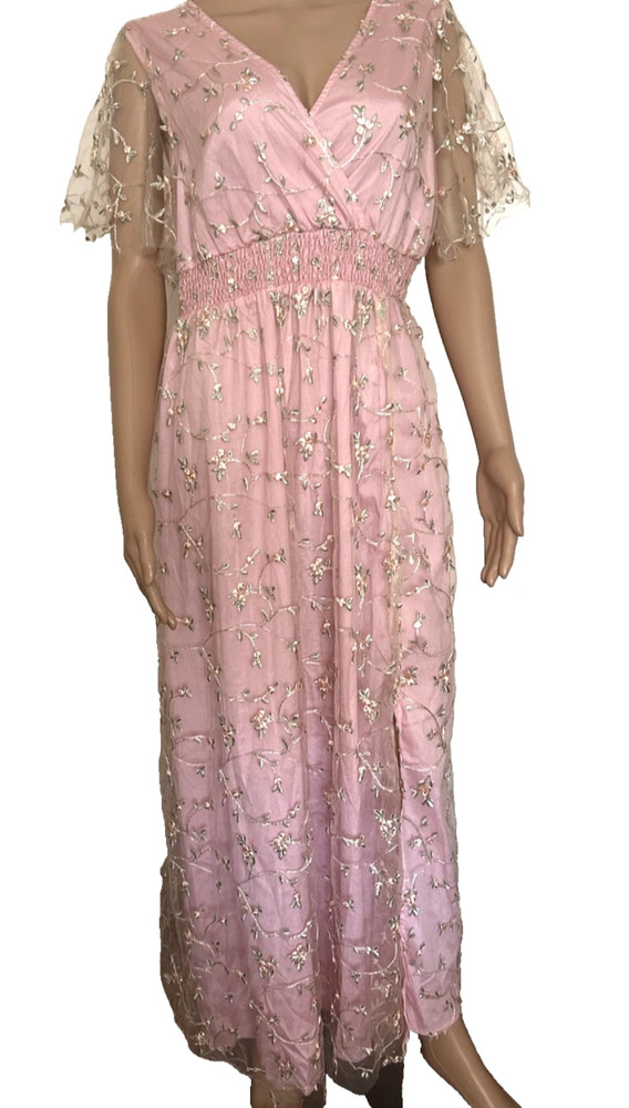 Shein Spring Dress Pink Lace Guipure Embroider Rose Sheer Lined 12 Maxi EUC