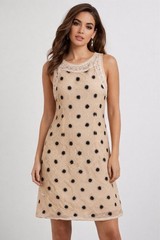 Beige Beaded Sleeveless Dress Black Embroidered Flowers Formal Party Large NEW