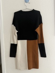 Lala Factory Women’s L Ribbed Knit Colorblock Sweater Dress Crew Neck Short