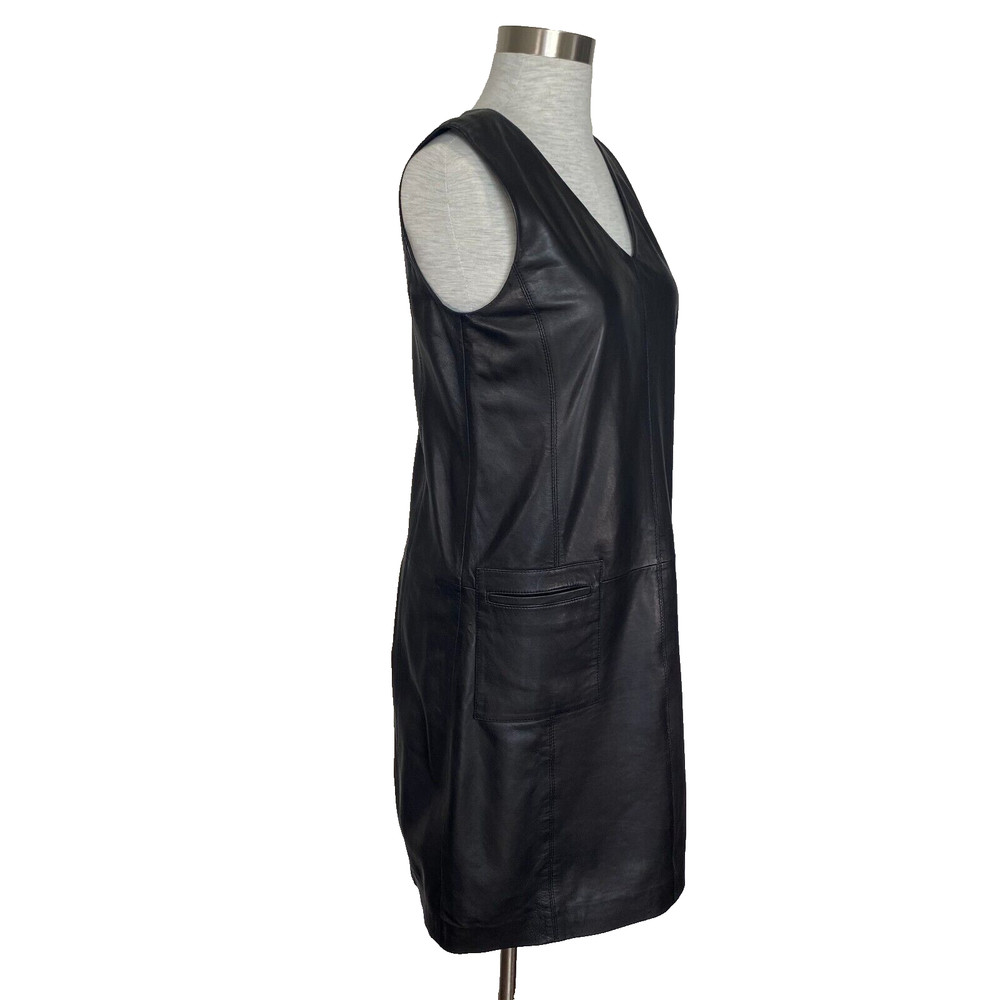 Halogen Black Leather A Line Sheath Dress Womens XS Sleeveless Knee Length VGC