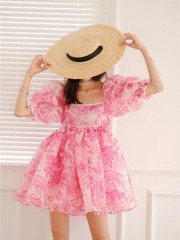 Printing Square Collar Puff Sleeve Above Knee Mini Dress+US SELLER