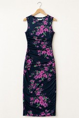 MEROKEETY Floral Bodycon Maxi Dress Black Pink Sleeveless NWT Size S