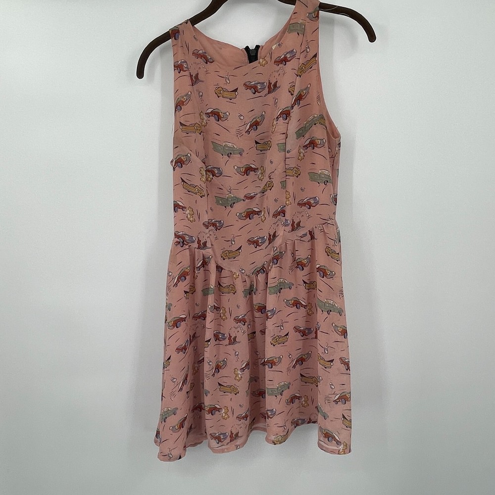 Glamorous Womens Dress 8 Pink Sleeveless Classic Cars Fit Flare Exposed Zipper