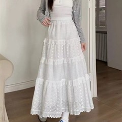 Spring Summer White Hollow Long Cake Skirt Women High Waist Lace Patchwork