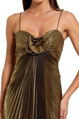 Mac Duggal Gold Metallic Pleated Maxi Dress Sz 6 Sweetheart Spaghetti Strap