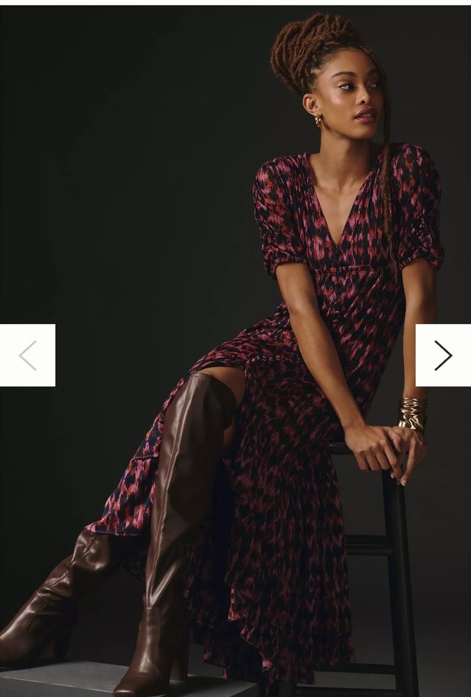 Anthropologie Purple Printed Ruched-Sleeve Mesh Lined Maxi Dress Petites Sz S