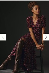 Anthropologie Purple Printed Ruched-Sleeve Mesh Lined Maxi Dress Petites Sz S