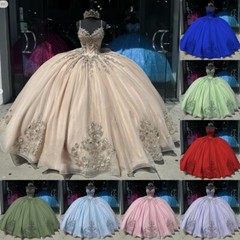 Champagne Quinceanera Dresses Beaded 3D Flower Pincess Party Sweet 15 Ball Gown