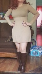 H&M Beige Ribbed Knit Ruffle Round Neck Bodycon Mini Dress Long Sleeve 6 / S