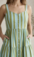 Women’s Stripe Print Cotton Midi Dress Sleeveles Summer Casual Dress With Pocket