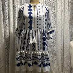 CEZELE Women&rsquo;s Tiered Ruffle Dress Navy Blue And White Geometric Stripe Midi