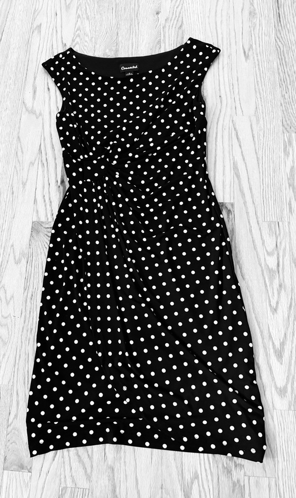 CONNECTED Black White Polka Side Ruched Wrap Boat Neck Knee Length Sheath – 6