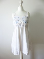 Embriodered Shell Detail White Cotton Strappy Summer Mini Skater Dress, XXS