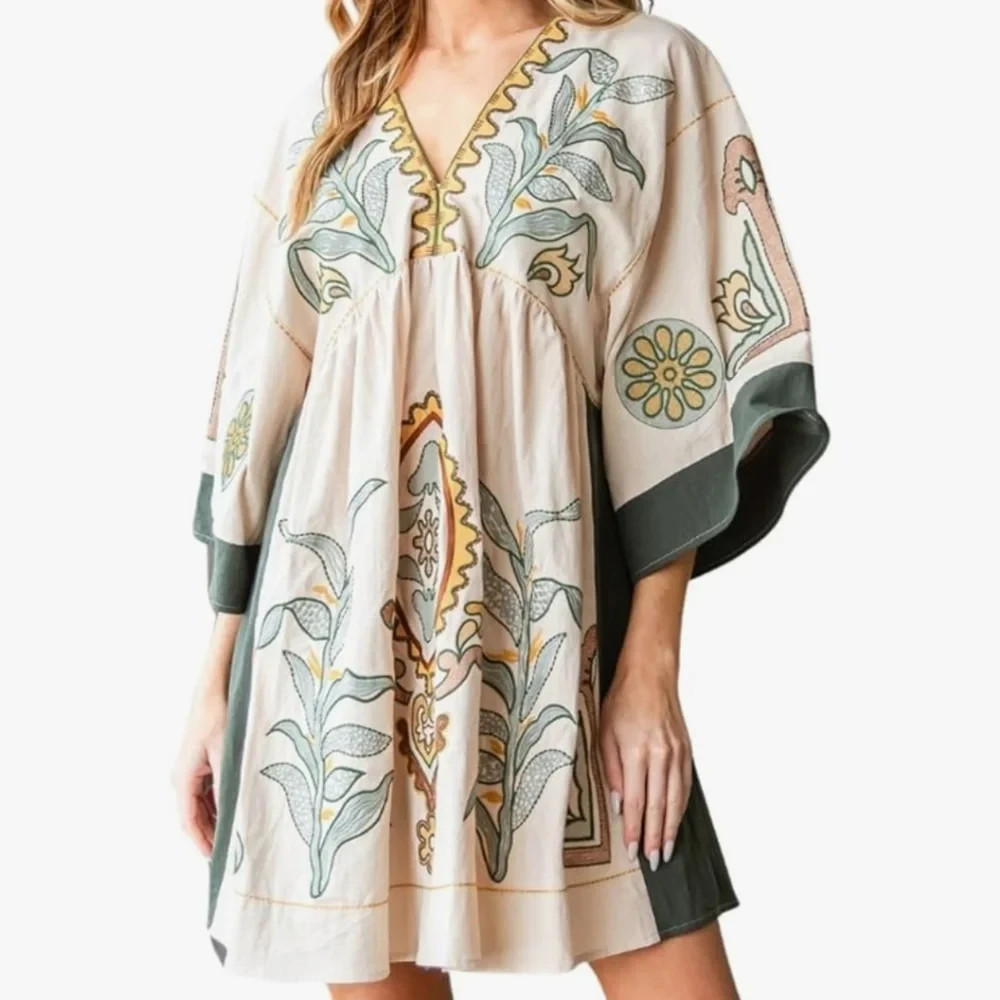 NWT Sunday Up Women&rsquo;s M Embroidered Floral Kimono Babydoll Dress Tan Green Boho
