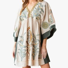 NWT Sunday Up Women&rsquo;s M Embroidered Floral Kimono Babydoll Dress Tan Green Boho