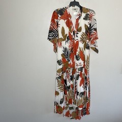 FUZZI Midi Dress Women XS Leaf Print Tulle Ivory Orange Brown A-Line Ruffle