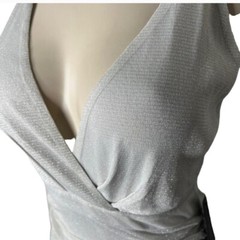 🆕Silver Metallic Threaded Cami Low Cut Ruched Open Back Nylon Mini Dress~Size S