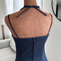 90s Vintage City Triangles Shimmer Satin Blue Dress Rhinestone Neckline Size 5