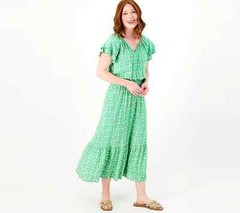 Destination 365 Regular Printed Short-Sleeve Midi Dress w/Smocking Pistachio Med