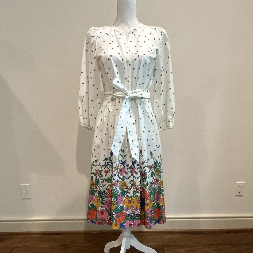 Talbots Petite 6P White Floral Midi Shirt Dress 3/4 Puff Sleeve Tie Waist