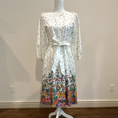 Talbots Petite 6P White Floral Midi Shirt Dress 3/4 Puff Sleeve Tie Waist