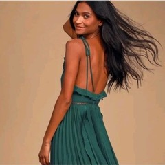 Lulus Green Solid Chiffon Pleated Ruffle V-Neck Tie-Strap Midi Dress XS