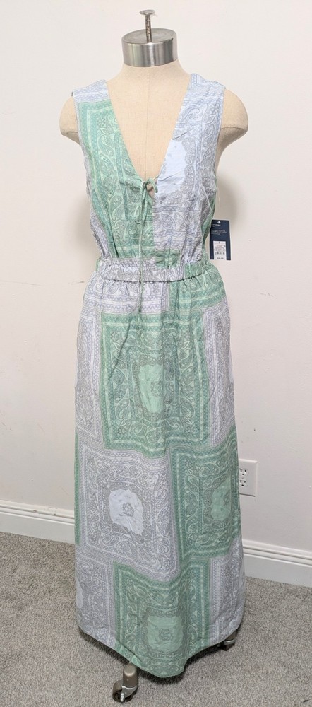 Universal Thread Tie-Front Maxi Dress Green Blue Paisley SMALL Resort Vacation