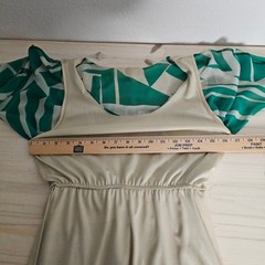 Green & Tan Geometric Print Chiffon Mini Dress S Flutter Sleeve Boho Resort Dres