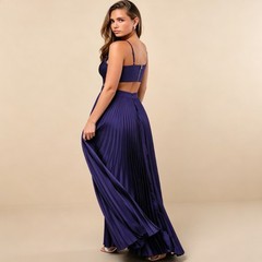 Navy Blue Satin Cutout Spaghetti Strap Pleated Dresses Formal Simple Prom Gowns