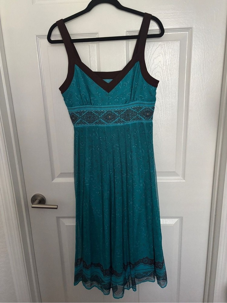 Vintage Robbie Bee 10P 100% Silk Teal Brown Trim Paisley Maxi Dress