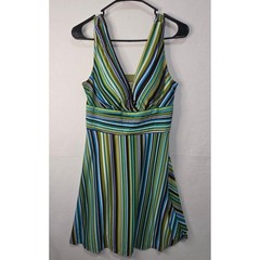 Madison Leigh Multi Color Striped V-Neck Fit and Flare Dress Green Blue Size 10