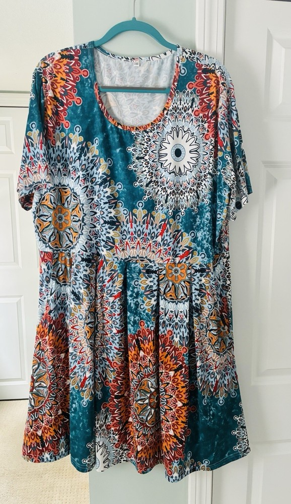 AUSELILY VIBRANT TEAL & RUST MEDALLION SWING DRESS POCKETS 24X PLUS FLOWY 41”