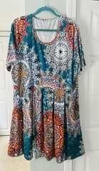 AUSELILY VIBRANT TEAL & RUST MEDALLION SWING DRESS POCKETS 24X PLUS FLOWY 41”