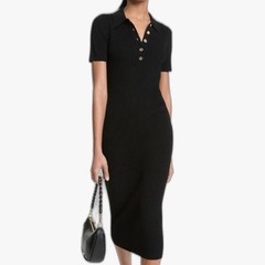 $195 MICHAEL Michael Kors Core Polo Rib Knit Midi Dress Large Black Gold Button