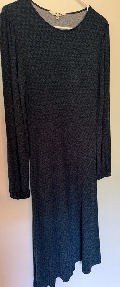 Boden US 6 Long Sleeve Midi Navy and Green Print Stretch Ecovero Viscose Preppy