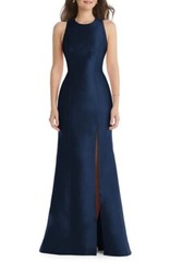 ALFRED SUNG D824 Midnight Navy Cut-Out Open Back Bow Satin Twill Dress Gown 6 R