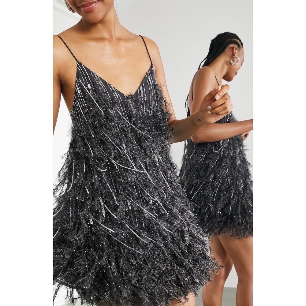 ASOS Edition Sequin and Feather Mini Dress midnight Grey Flapper 1920&rsquo;s US 6 NEW