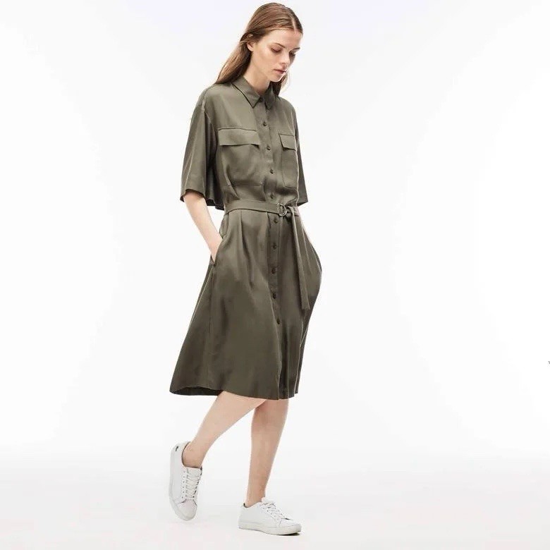 Lacoste Army Green Workshirt Dress Button Front Belt Open Back US 12 EU 44 New