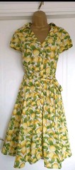 Vintage 1940s 1950s Style Summer Lemon Tea Cotton Dress Size 14 TWINWOOD