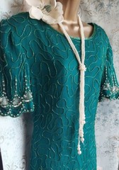 denise elle silk green 20s Deco vintage beaded Occasion wedding evening dress 16