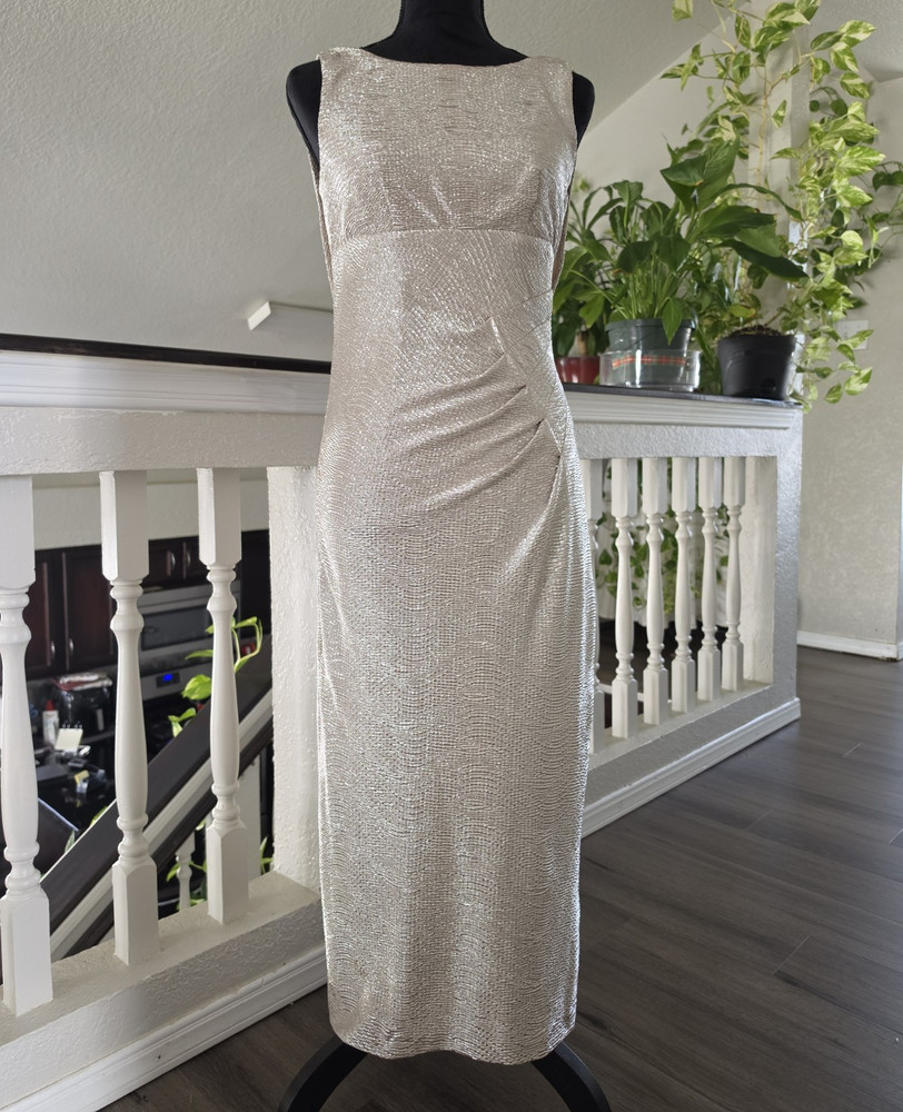 BLU SAGE Silver Metallic Lined Long Sheath Dress Boat Neck Sleeveless Size 4