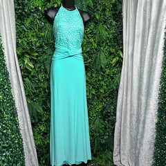 Va Va Voom Dress MediumTurquoise Halter Rhinestone Accent Knot Waist Maxi 3576